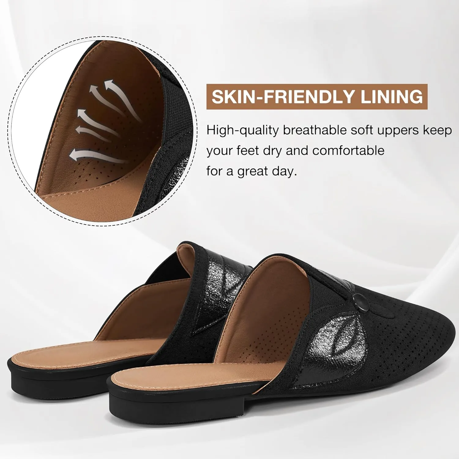 Ecetana Mules for Women Flat Shoes Comfortable Dressy Slip on Slides Round Toe Breathable Backless Loafers