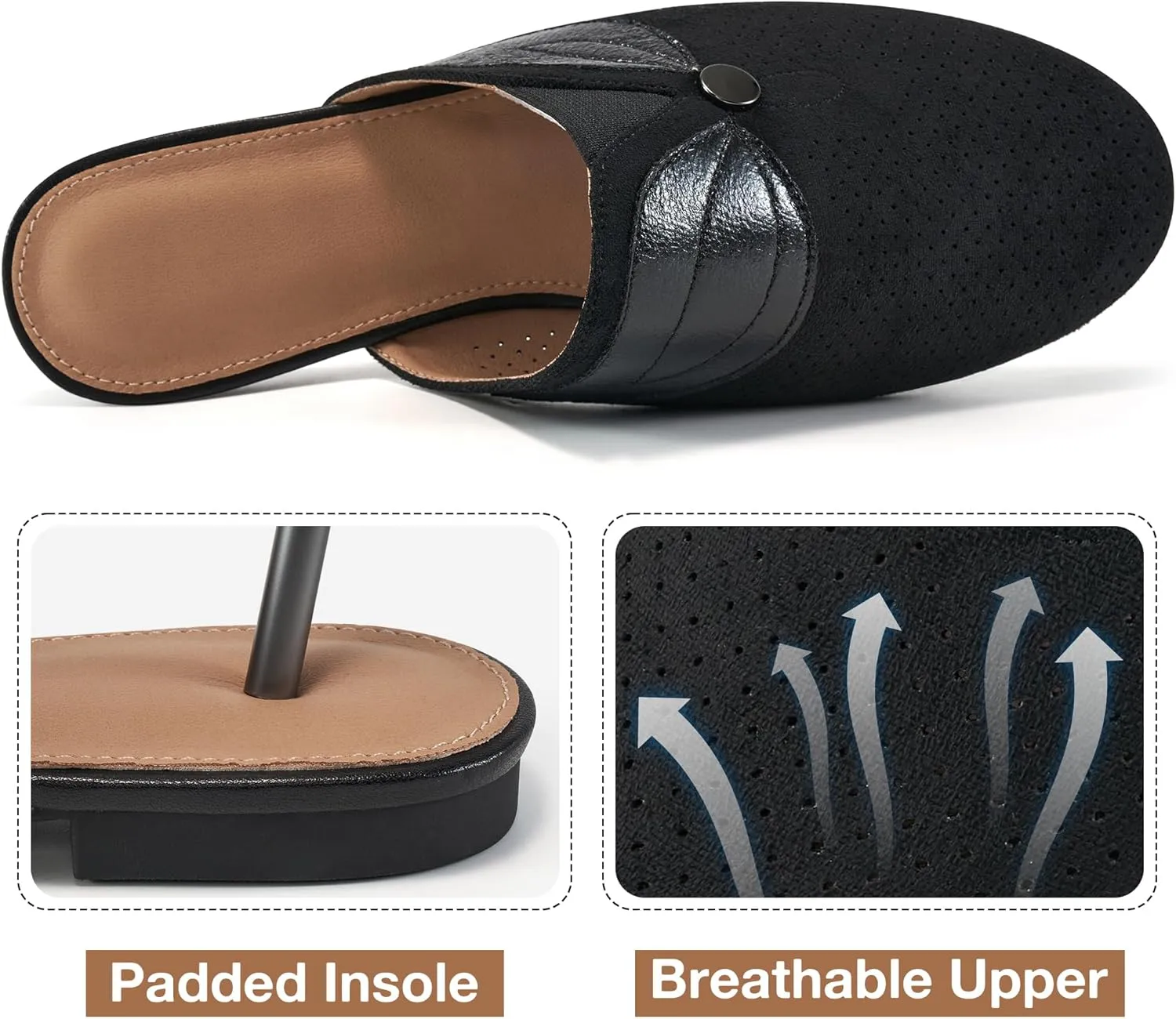 Ecetana Mules for Women Flat Shoes Comfortable Dressy Slip on Slides Round Toe Breathable Backless Loafers