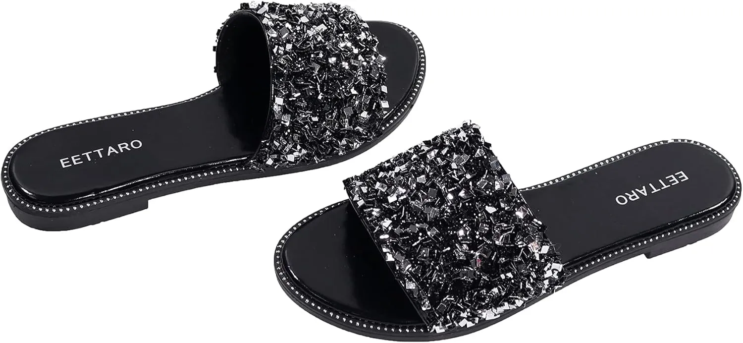 EETTARO Women's Glitter Shiny Slide Sandals Sparkle Fancy Flat Slippers Slip-on Jeweled Shoes