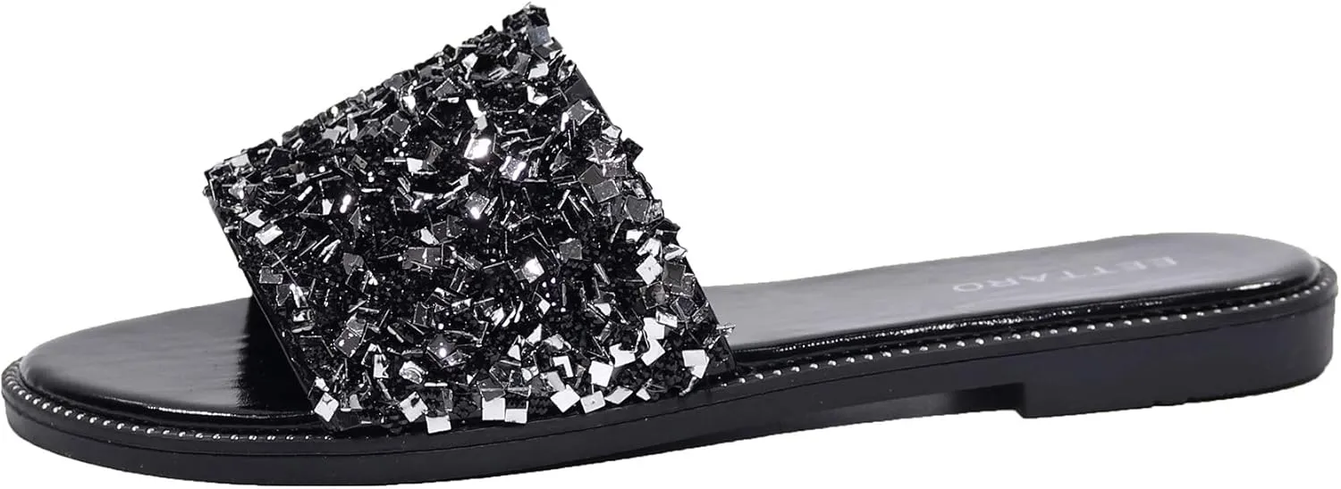 EETTARO Women's Glitter Shiny Slide Sandals Sparkle Fancy Flat Slippers Slip-on Jeweled Shoes