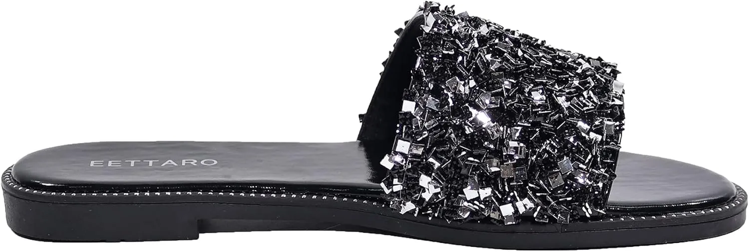 EETTARO Women's Glitter Shiny Slide Sandals Sparkle Fancy Flat Slippers Slip-on Jeweled Shoes