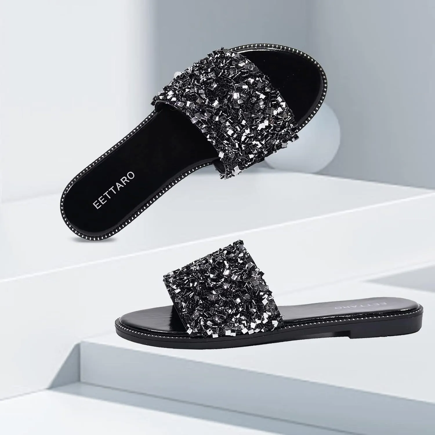 EETTARO Women's Glitter Shiny Slide Sandals Sparkle Fancy Flat Slippers Slip-on Jeweled Shoes