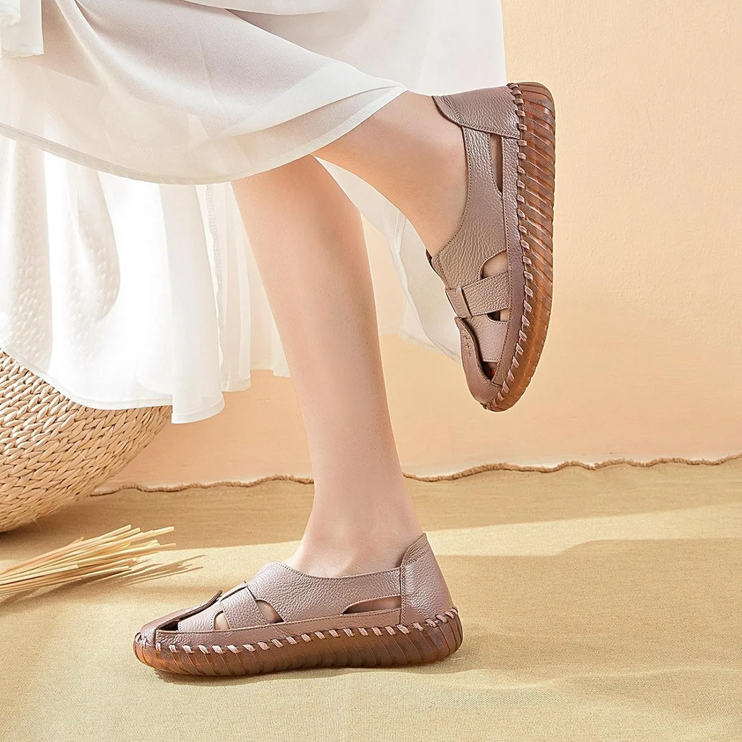 EFTCAL Women's Cowhide Closed Toe Hollow Out Slip On Loafers,Comfort Walking Flat Fisherman Sandals Casual Fashion Breathable Walking Shoes Driving Shoes