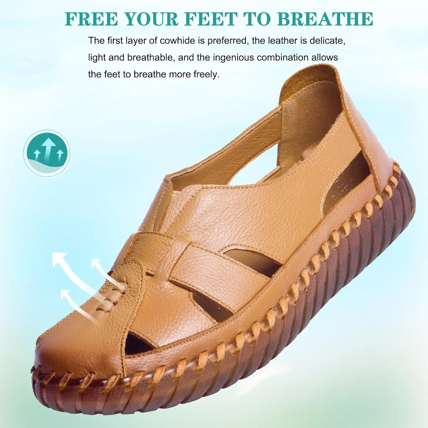 EFTCAL Women's Cowhide Closed Toe Hollow Out Slip On Loafers,Comfort Walking Flat Fisherman Sandals Casual Fashion Breathable Walking Shoes Driving Shoes