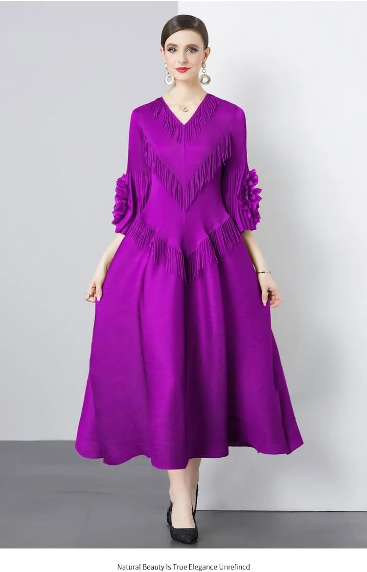 Elegant Court Design Dress for Women with Fringe Details, v-Neck, Slim-fit, Long Trumpet Sleeves