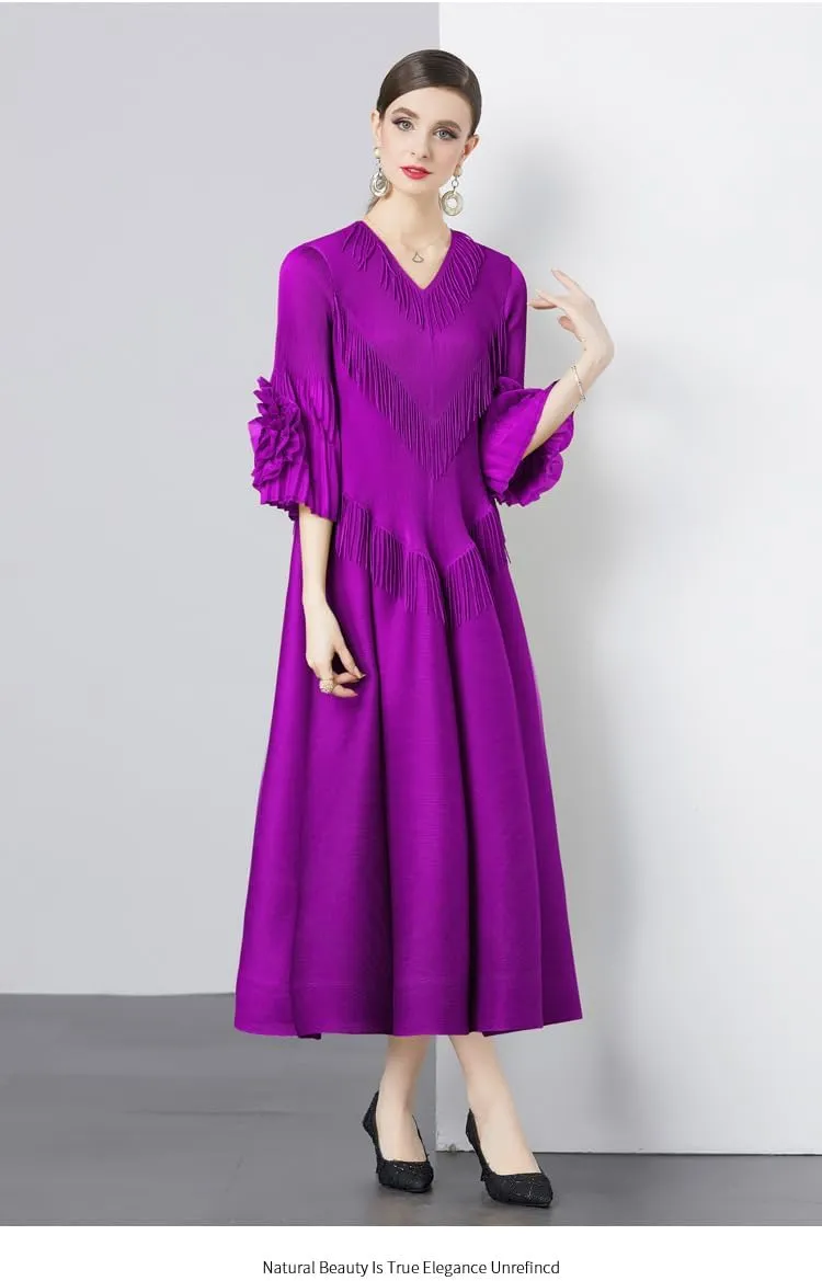 Elegant Court Design Dress for Women with Fringe Details, v-Neck, Slim-fit, Long Trumpet Sleeves