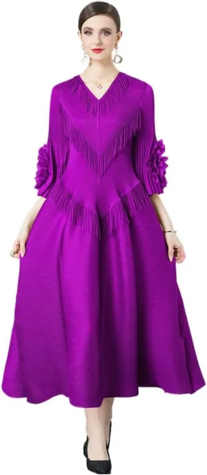 Elegant Court Design Dress for Women with Fringe Details, v-Neck, Slim-fit, Long Trumpet Sleeves