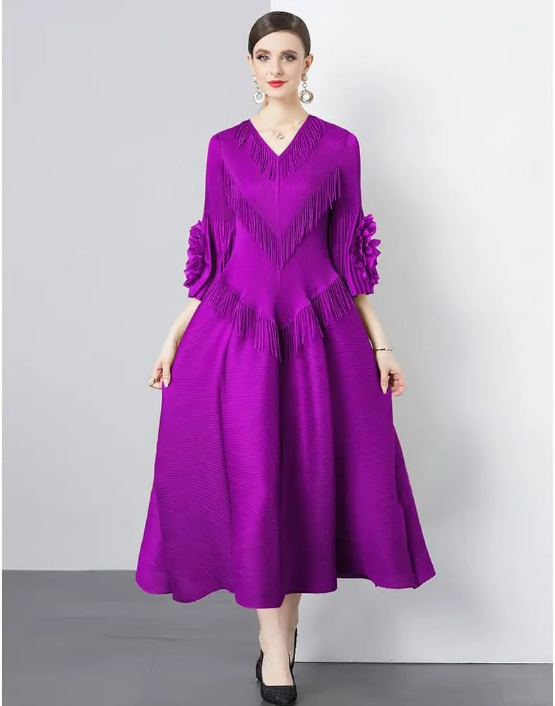 Elegant Court Design Dress for Women with Fringe Details, v-Neck, Slim-fit, Long Trumpet Sleeves
