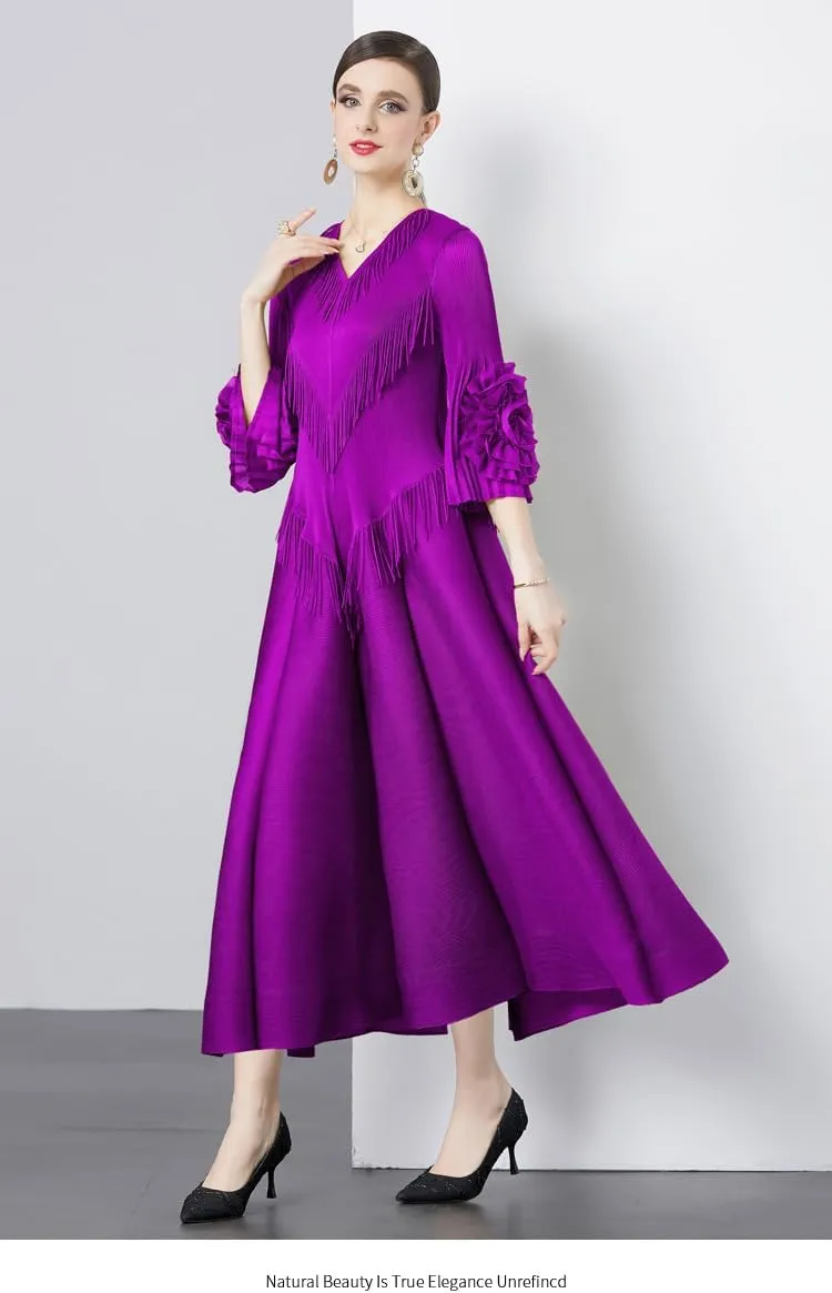 Elegant Court Design Dress for Women with Fringe Details, v-Neck, Slim-fit, Long Trumpet Sleeves