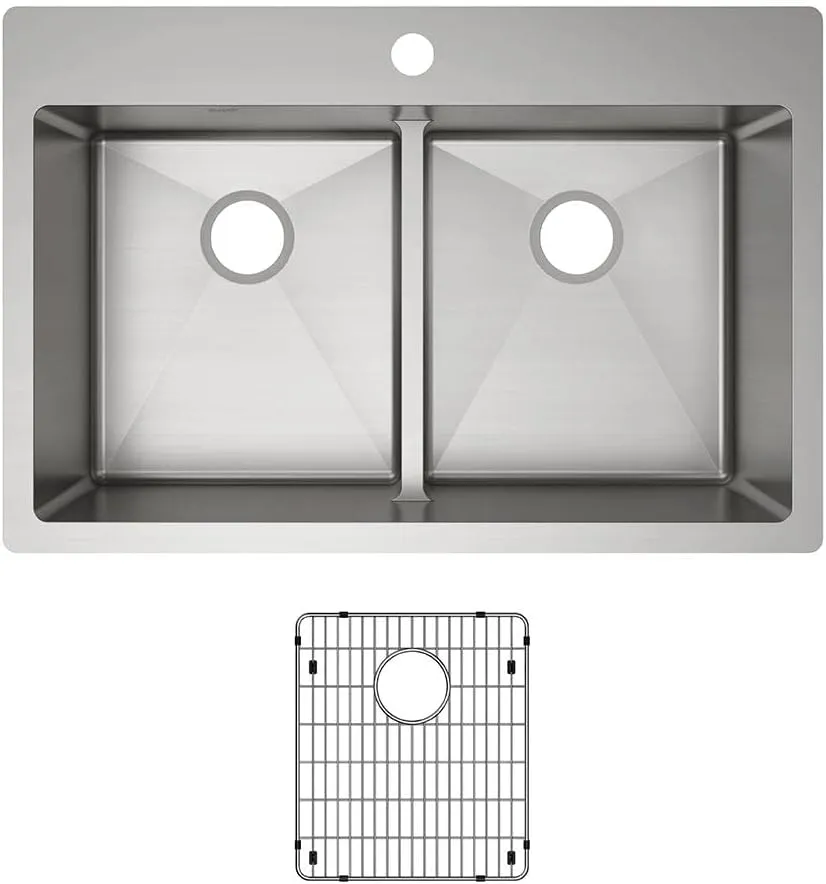 Elkay Crosstown ECTSRA33229TBG1 Equal Double Bowl Dual Mount Stainless Steel Kitchen Sink Kit with Aqua Divide