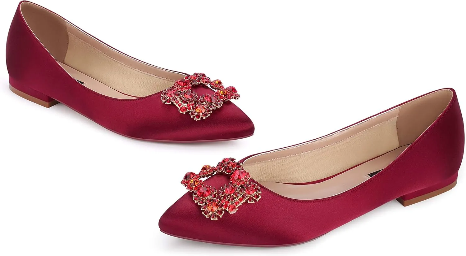ERIJUNOR Women Comfort Flat Rhinestone Satin Wedding Shoes Pointy Toe Slip On Prom Evening Party Dress Shoes
