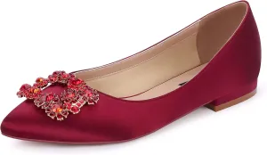 ERIJUNOR Women Comfort Flat Rhinestone Satin Wedding Shoes Pointy Toe Slip On Prom Evening Party Dress Shoes