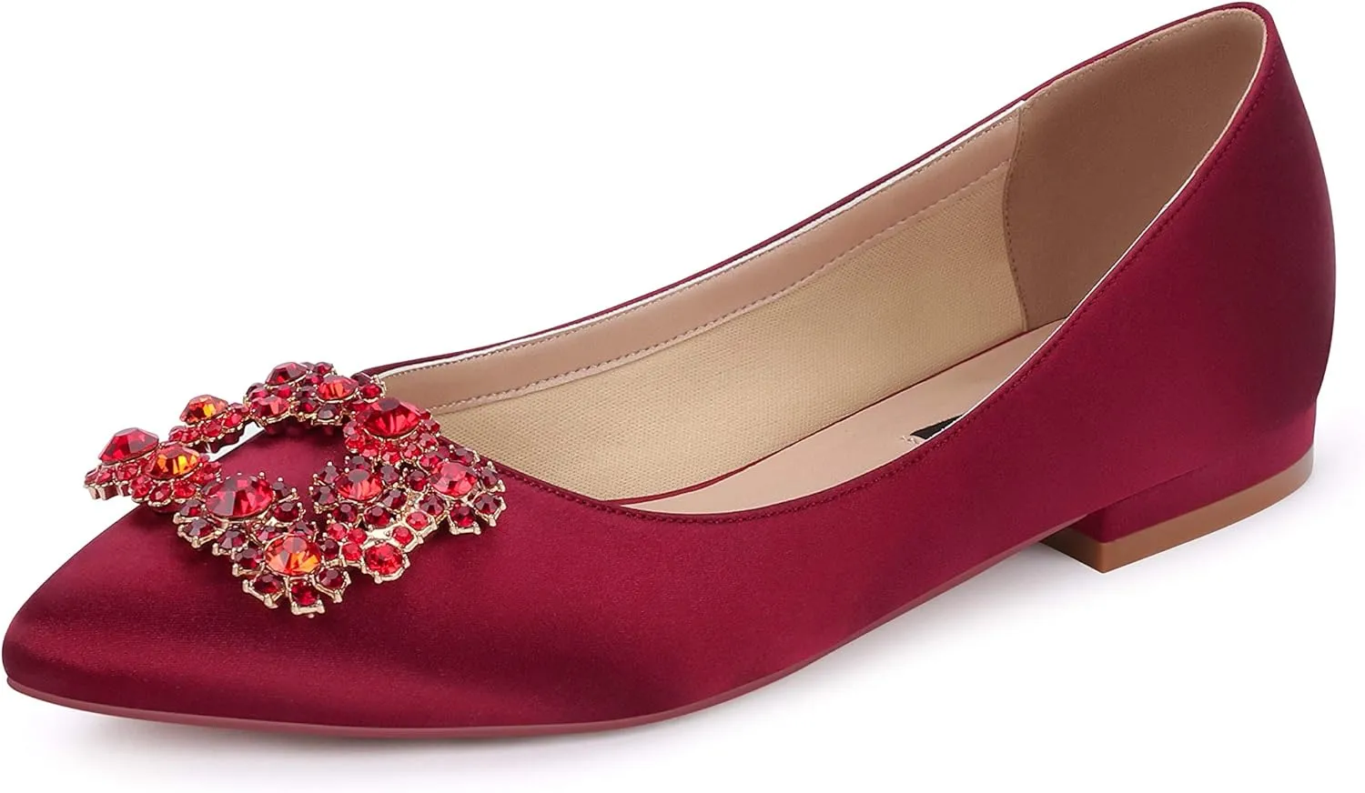 ERIJUNOR Women Comfort Flat Rhinestone Satin Wedding Shoes Pointy Toe Slip On Prom Evening Party Dress Shoes