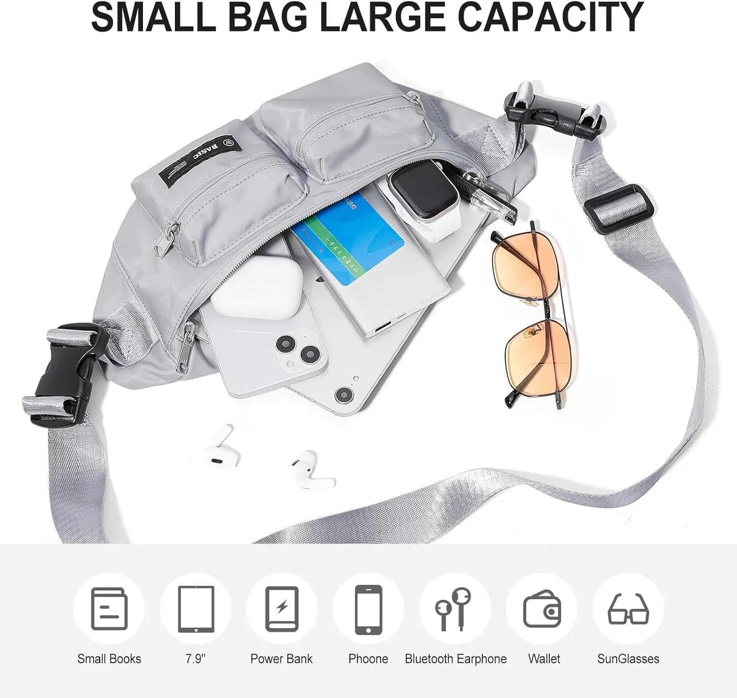 Fanny Pack for Women Men Crossbody Waist Pack Bag with 6-Zipper Pocket Adjustable Strap Black Fanny Packs for Outdoor Travel Sports Hiking Running, Grey