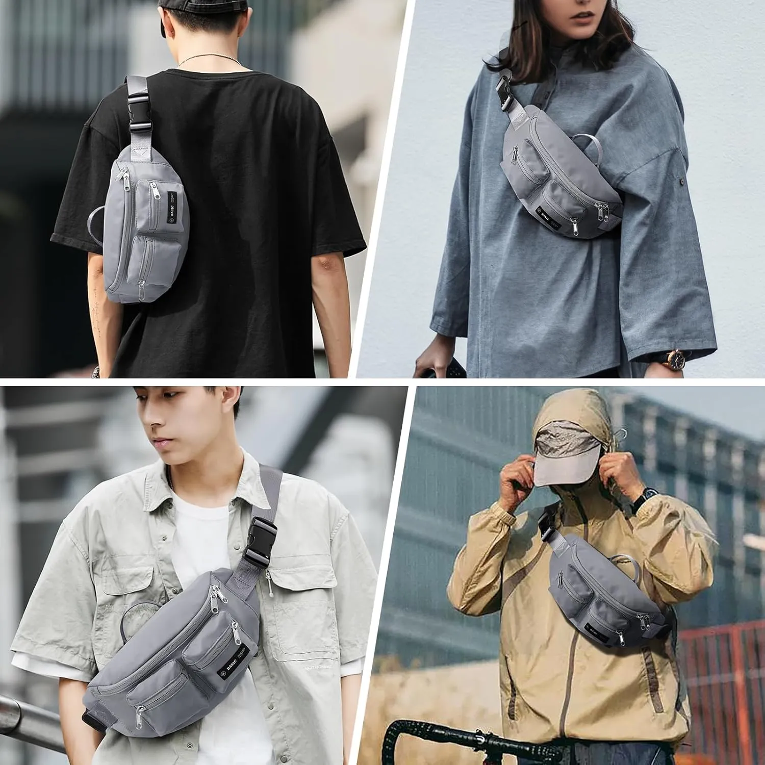 Fanny Pack for Women Men Crossbody Waist Pack Bag with 6-Zipper Pocket Adjustable Strap Black Fanny Packs for Outdoor Travel Sports Hiking Running, Grey