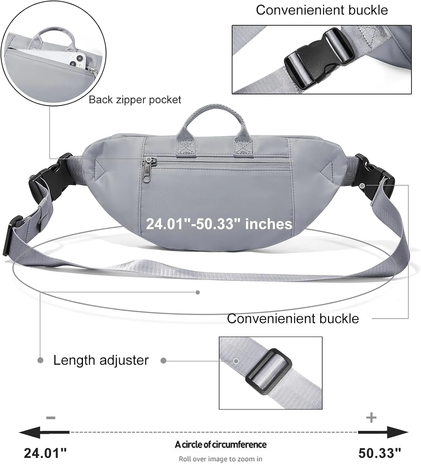 Fanny Pack for Women Men Crossbody Waist Pack Bag with 6-Zipper Pocket Adjustable Strap Black Fanny Packs for Outdoor Travel Sports Hiking Running, Grey