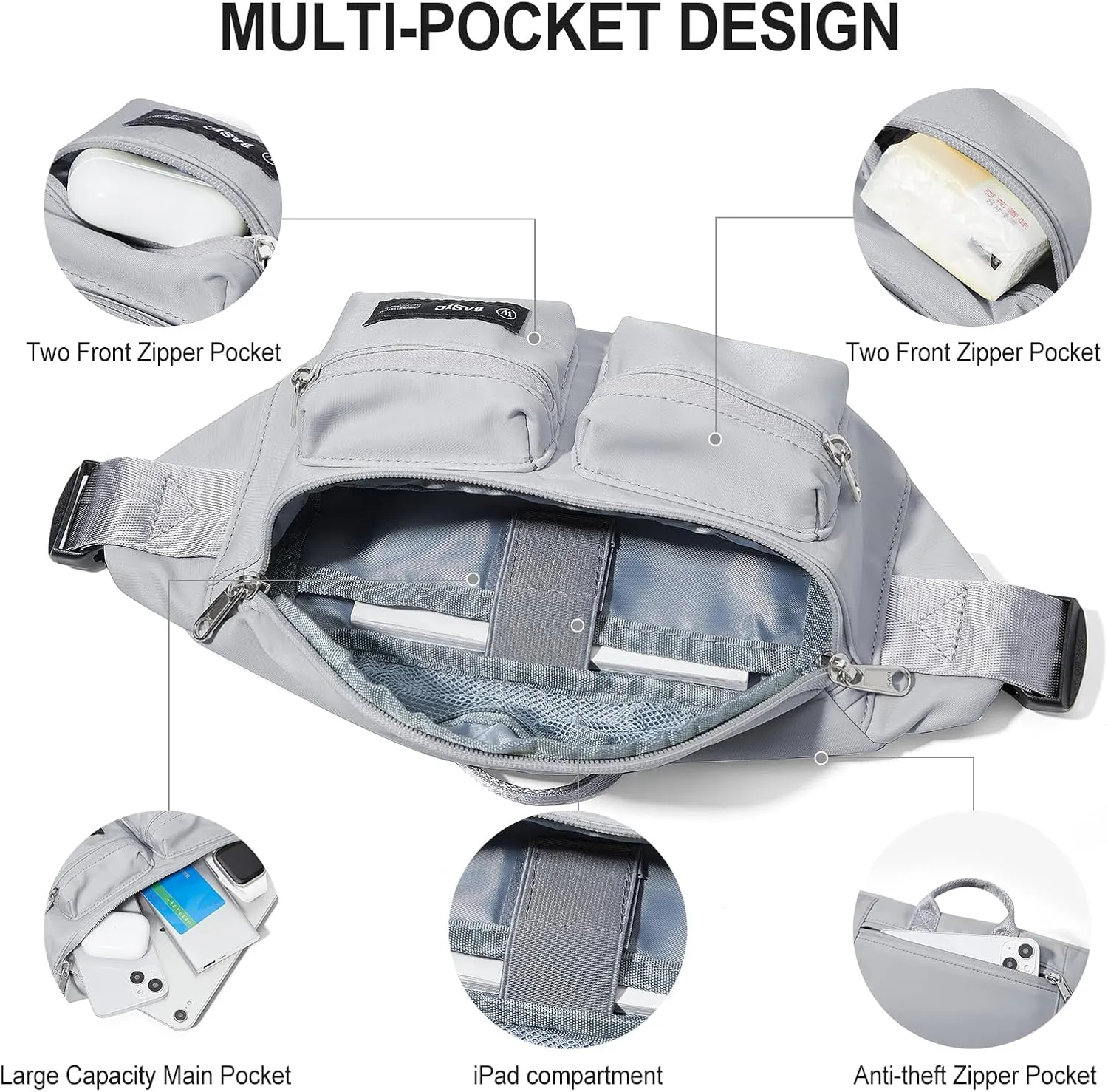 Fanny Pack for Women Men Crossbody Waist Pack Bag with 6-Zipper Pocket Adjustable Strap Black Fanny Packs for Outdoor Travel Sports Hiking Running, Grey