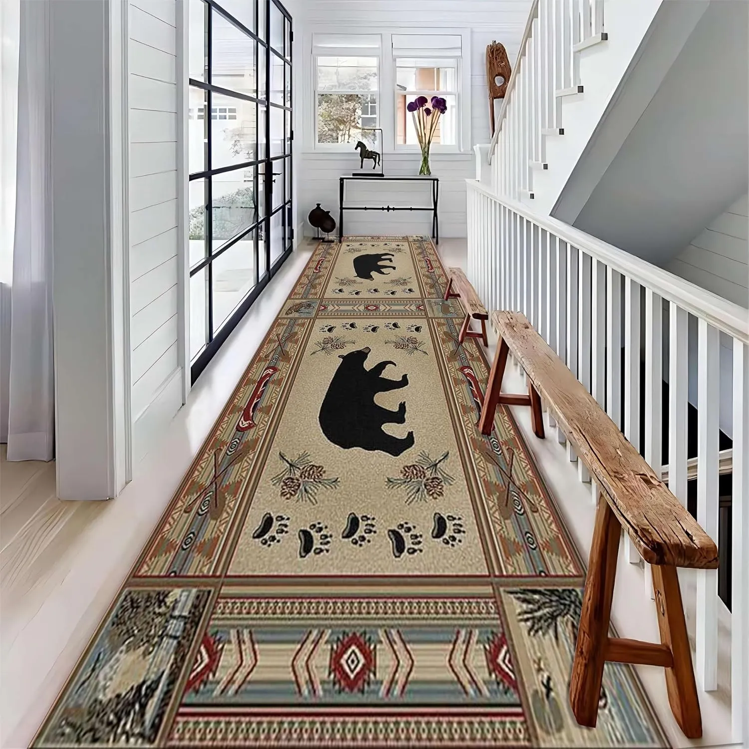 Farmhouse Rustic Lodge Bear Entrance Rug, 4x10ft, Wildlife Fish Duck Deer Rug Runners for Hallways, Pet Friendly Absorbent Easy Clean Rugs, Easy Clean Anti-Skid Soft Runner Mat for Family Bedsid