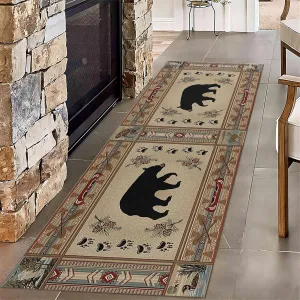 Farmhouse Rustic Lodge Bear Entrance Rug, 4x10ft, Wildlife Fish Duck Deer Rug Runners for Hallways, Pet Friendly Absorbent Easy Clean Rugs, Easy Clean Anti-Skid Soft Runner Mat for Family Bedsid