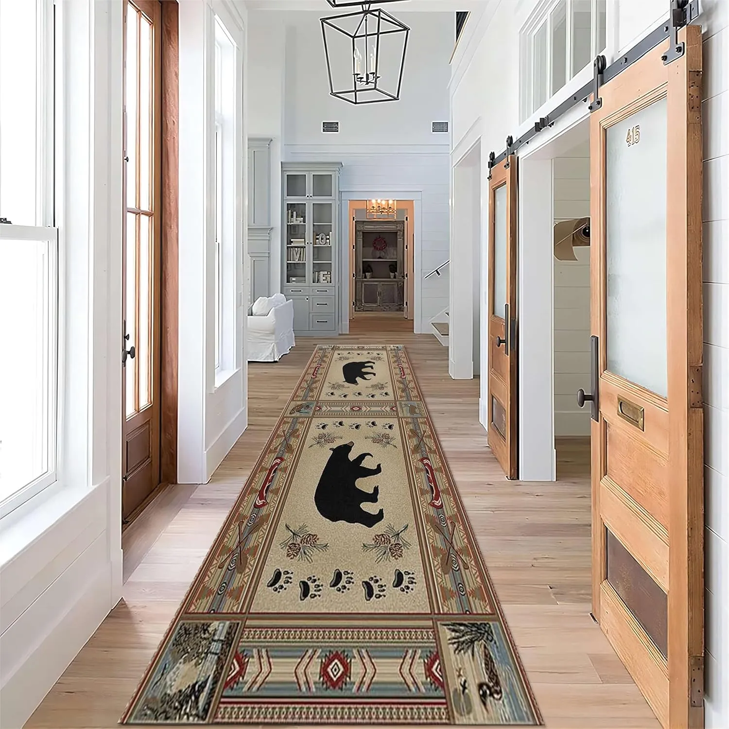 Farmhouse Rustic Lodge Bear Entrance Rug, 4x10ft, Wildlife Fish Duck Deer Rug Runners for Hallways, Pet Friendly Absorbent Easy Clean Rugs, Easy Clean Anti-Skid Soft Runner Mat for Family Bedsid