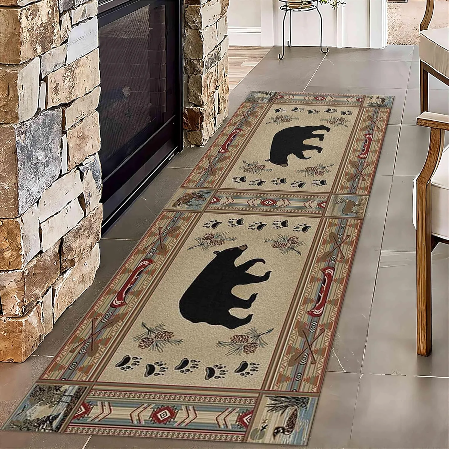 Farmhouse Rustic Lodge Bear Entrance Rug, 4x10ft, Wildlife Fish Duck Deer Rug Runners for Hallways, Pet Friendly Absorbent Easy Clean Rugs, Easy Clean Anti-Skid Soft Runner Mat for Family Bedsid