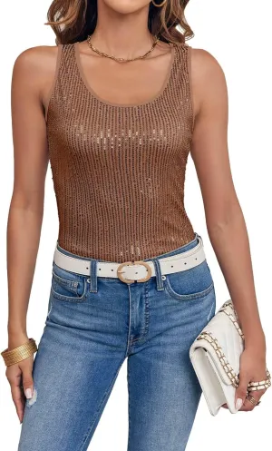 Fazortev Women's Sequin Tank Tops Sleeveless Scoop Neck Sparkly Sexy Party Camisole Vest