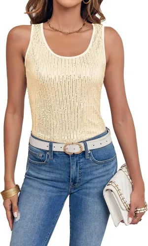 Fazortev Women's Sequin Tank Tops Sleeveless Scoop Neck Sparkly Sexy Party Camisole Vest