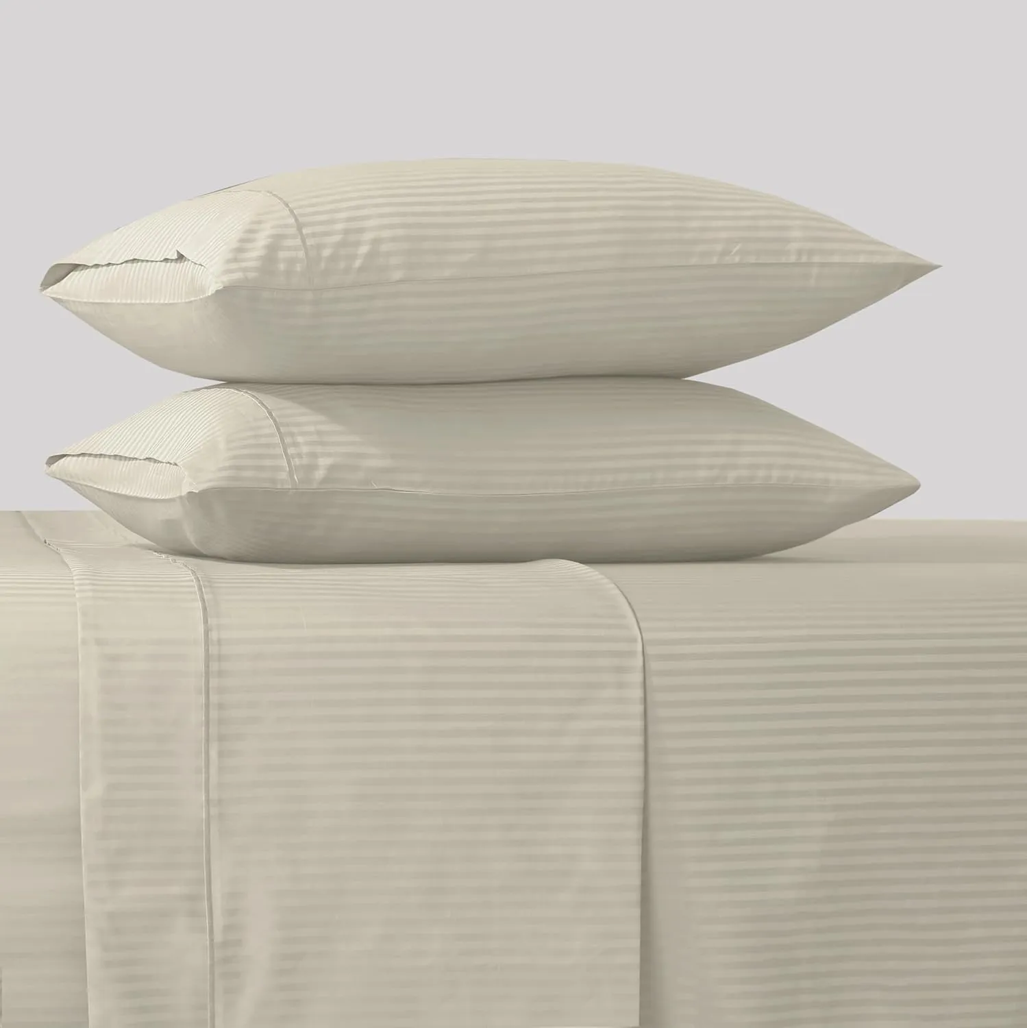 Feather & Stitch 500 TC Queen Size Damask Bed Sheet Set, 100% Cotton Soft Breathable Bedsheets, 4 Piece 18" Deep Pockets Sateen Weave Striped Bedding Mattress Resort Hotel Luxury- (Beige, Queen)