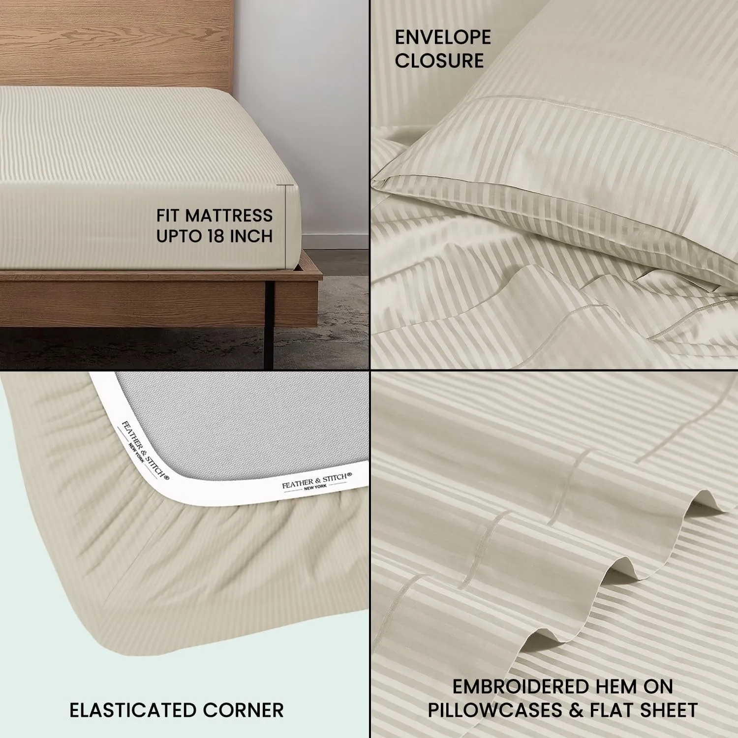 Feather & Stitch 500 TC Queen Size Damask Bed Sheet Set, 100% Cotton Soft Breathable Bedsheets, 4 Piece 18" Deep Pockets Sateen Weave Striped Bedding Mattress Resort Hotel Luxury- (Beige, Queen)