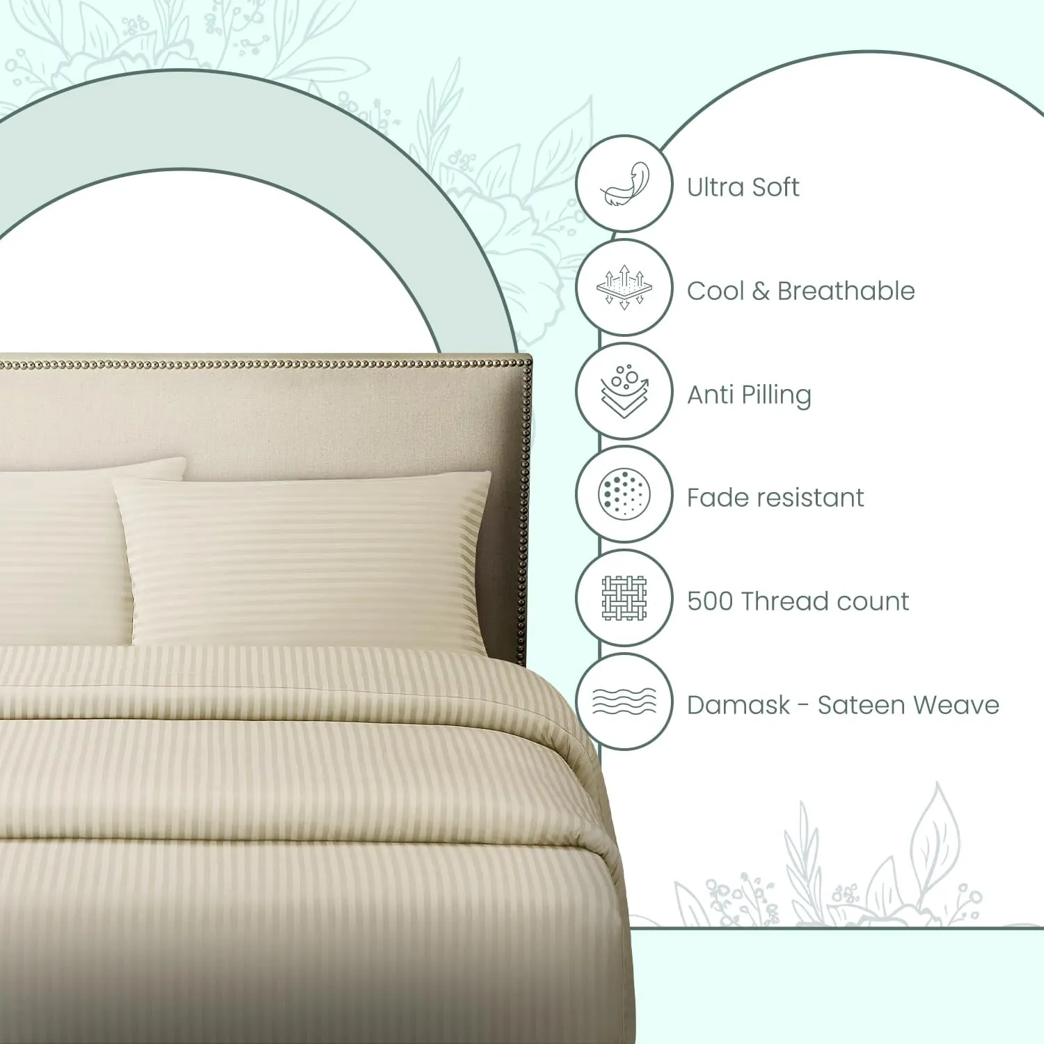 Feather & Stitch 500 TC Queen Size Damask Bed Sheet Set, 100% Cotton Soft Breathable Bedsheets, 4 Piece 18" Deep Pockets Sateen Weave Striped Bedding Mattress Resort Hotel Luxury- (Beige, Queen)