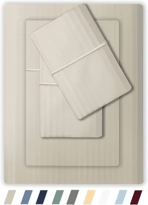 Feather & Stitch 500 TC Queen Size Damask Bed Sheet Set, 100% Cotton Soft Breathable Bedsheets, 4 Piece 18" Deep Pockets Sateen Weave Striped Bedding Mattress Resort Hotel Luxury- (Beige, Queen)