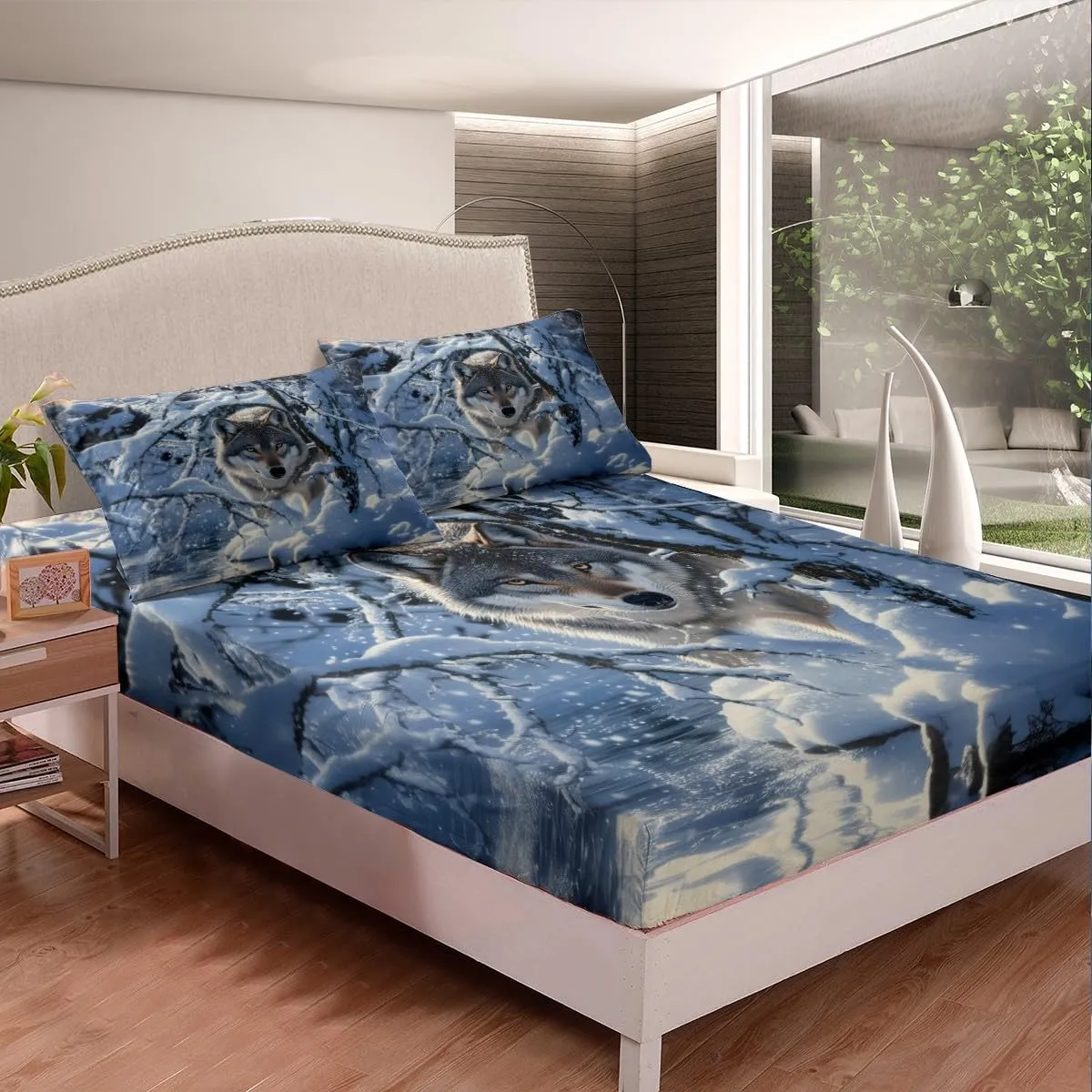 Feelyou Wolf Sheet Set Queen Size Ice Lake Sheets with Deep Pocket Fitted Sheet for Boys Girls Teens Animal Wolves Bed Sheets Set Branche Wolf Bedding Set Room Decor Ice-Snow Blue Bed Set
