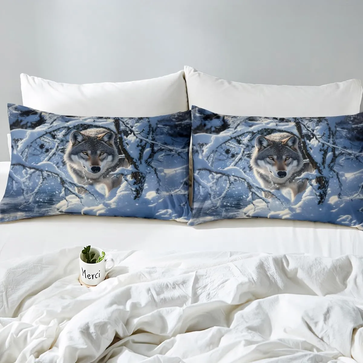 Feelyou Wolf Sheet Set Queen Size Ice Lake Sheets with Deep Pocket Fitted Sheet for Boys Girls Teens Animal Wolves Bed Sheets Set Branche Wolf Bedding Set Room Decor Ice-Snow Blue Bed Set