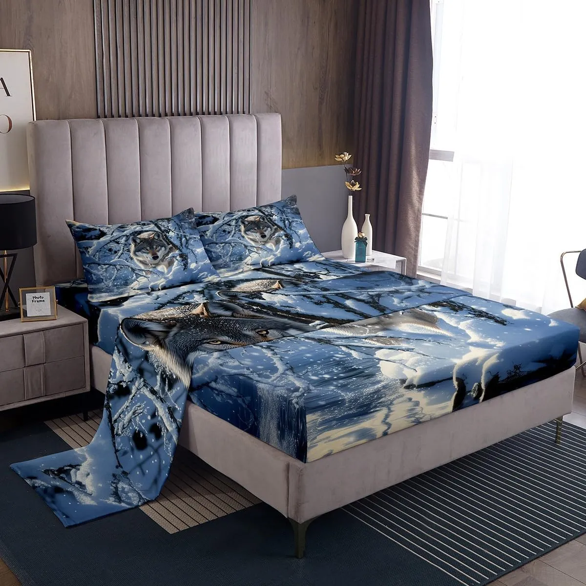 Feelyou Wolf Sheet Set Queen Size Ice Lake Sheets with Deep Pocket Fitted Sheet for Boys Girls Teens Animal Wolves Bed Sheets Set Branche Wolf Bedding Set Room Decor Ice-Snow Blue Bed Set
