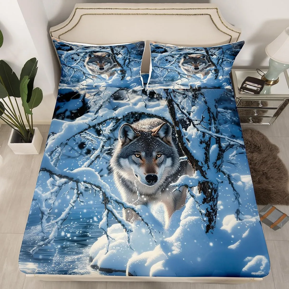 Feelyou Wolf Sheet Set Queen Size Ice Lake Sheets with Deep Pocket Fitted Sheet for Boys Girls Teens Animal Wolves Bed Sheets Set Branche Wolf Bedding Set Room Decor Ice-Snow Blue Bed Set