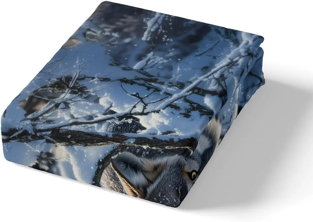 Feelyou Wolf Sheet Set Queen Size Ice Lake Sheets with Deep Pocket Fitted Sheet for Boys Girls Teens Animal Wolves Bed Sheets Set Branche Wolf Bedding Set Room Decor Ice-Snow Blue Bed Set