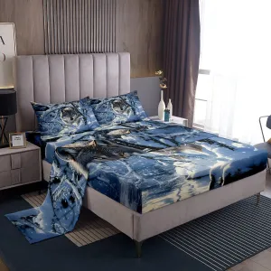 Feelyou Wolf Sheet Set Queen Size Ice Lake Sheets with Deep Pocket Fitted Sheet for Boys Girls Teens Animal Wolves Bed Sheets Set Branche Wolf Bedding Set Room Decor Ice-Snow Blue Bed Set