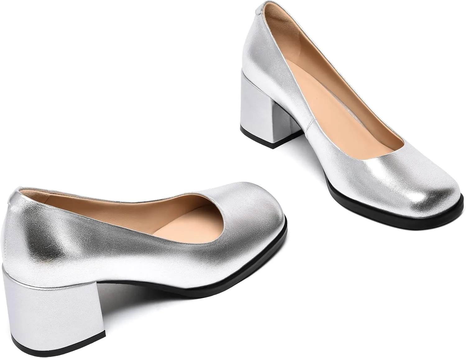 FEMSTEP Womens Casual Slip On Block Matte Leather Square Toe Chunky Low Heel Pumps Shoes 2.5 Inch