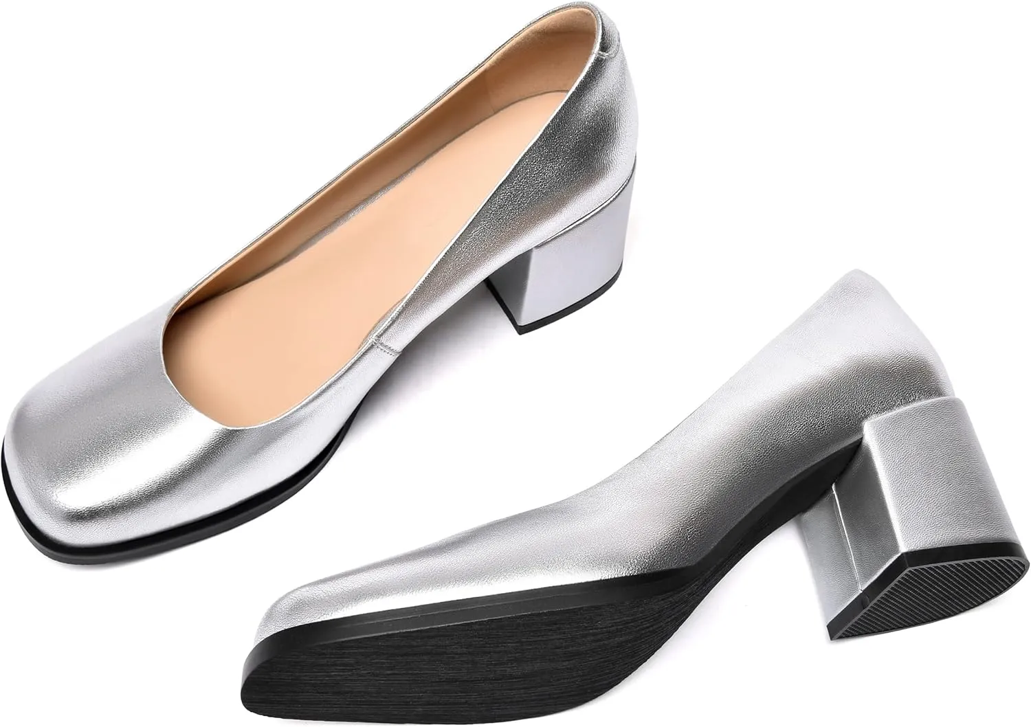 FEMSTEP Womens Casual Slip On Block Matte Leather Square Toe Chunky Low Heel Pumps Shoes 2.5 Inch
