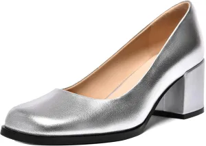 FEMSTEP Womens Casual Slip On Block Matte Leather Square Toe Chunky Low Heel Pumps Shoes 2.5 Inch