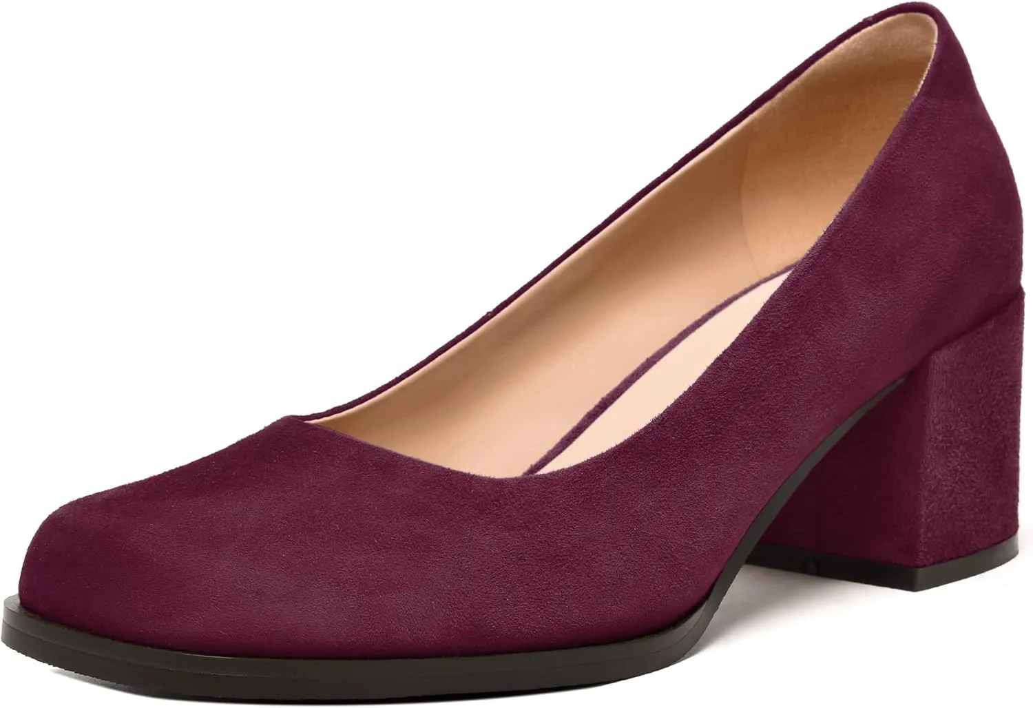 FEMSTEP Womens Suede Leather Dating Square Toe Slip On Cute Chunky Low Heel Pumps Shoes 2.2 Inch
