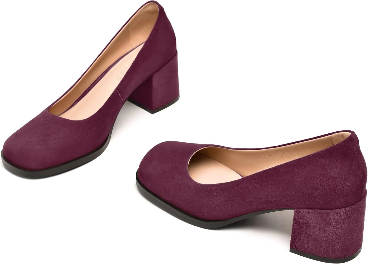 FEMSTEP Womens Suede Leather Dating Square Toe Slip On Cute Chunky Low Heel Pumps Shoes 2.2 Inch
