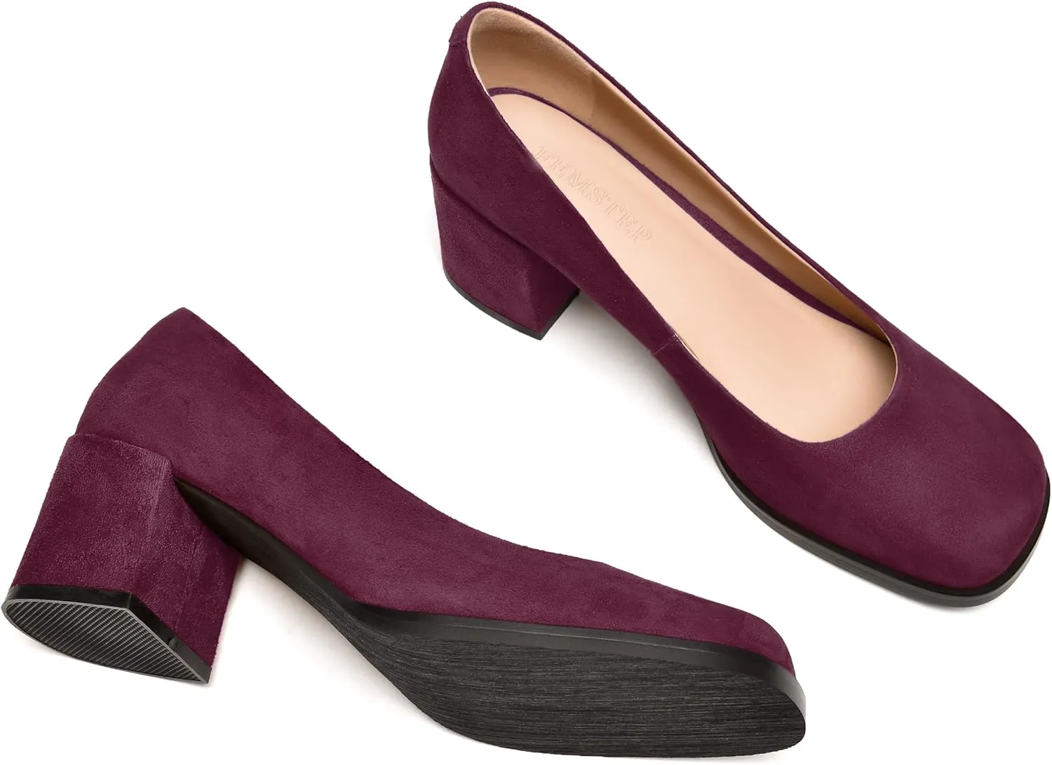 FEMSTEP Womens Suede Leather Dating Square Toe Slip On Cute Chunky Low Heel Pumps Shoes 2.2 Inch