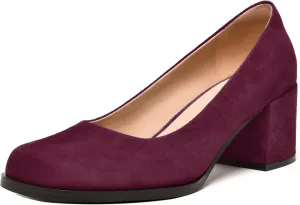 FEMSTEP Womens Suede Leather Dating Square Toe Slip On Cute Chunky Low Heel Pumps Shoes 2.2 Inch