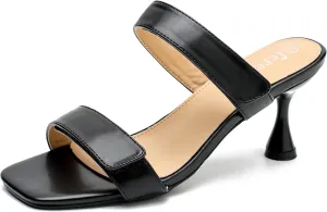fereshte Womens 2 Strap Slip On Heeled Sandals Slip On Sandals Square Toe Kitten Heeled Mules