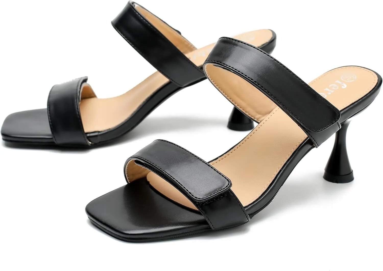 fereshte Womens 2 Strap Slip On Heeled Sandals Slip On Sandals Square Toe Kitten Heeled Mules