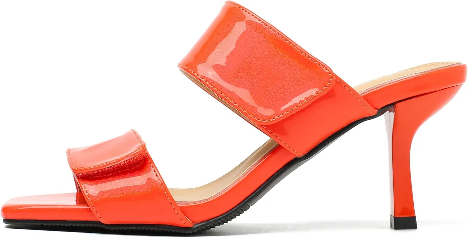 fereshte Womens 2 Strap Slip On Heeled Sandals Slip On Sandals Square Toe Kitten Heeled Mules