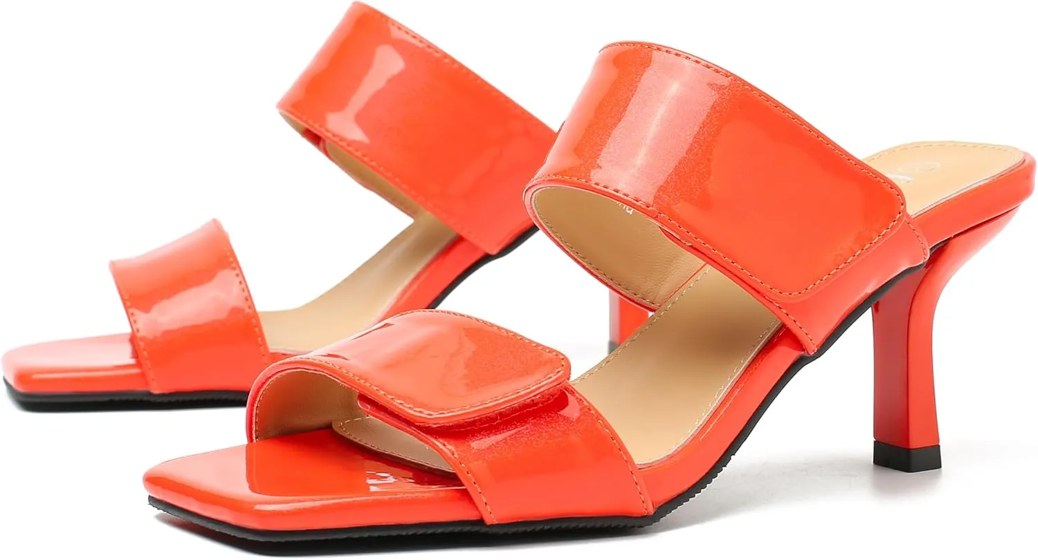 fereshte Womens 2 Strap Slip On Heeled Sandals Slip On Sandals Square Toe Kitten Heeled Mules