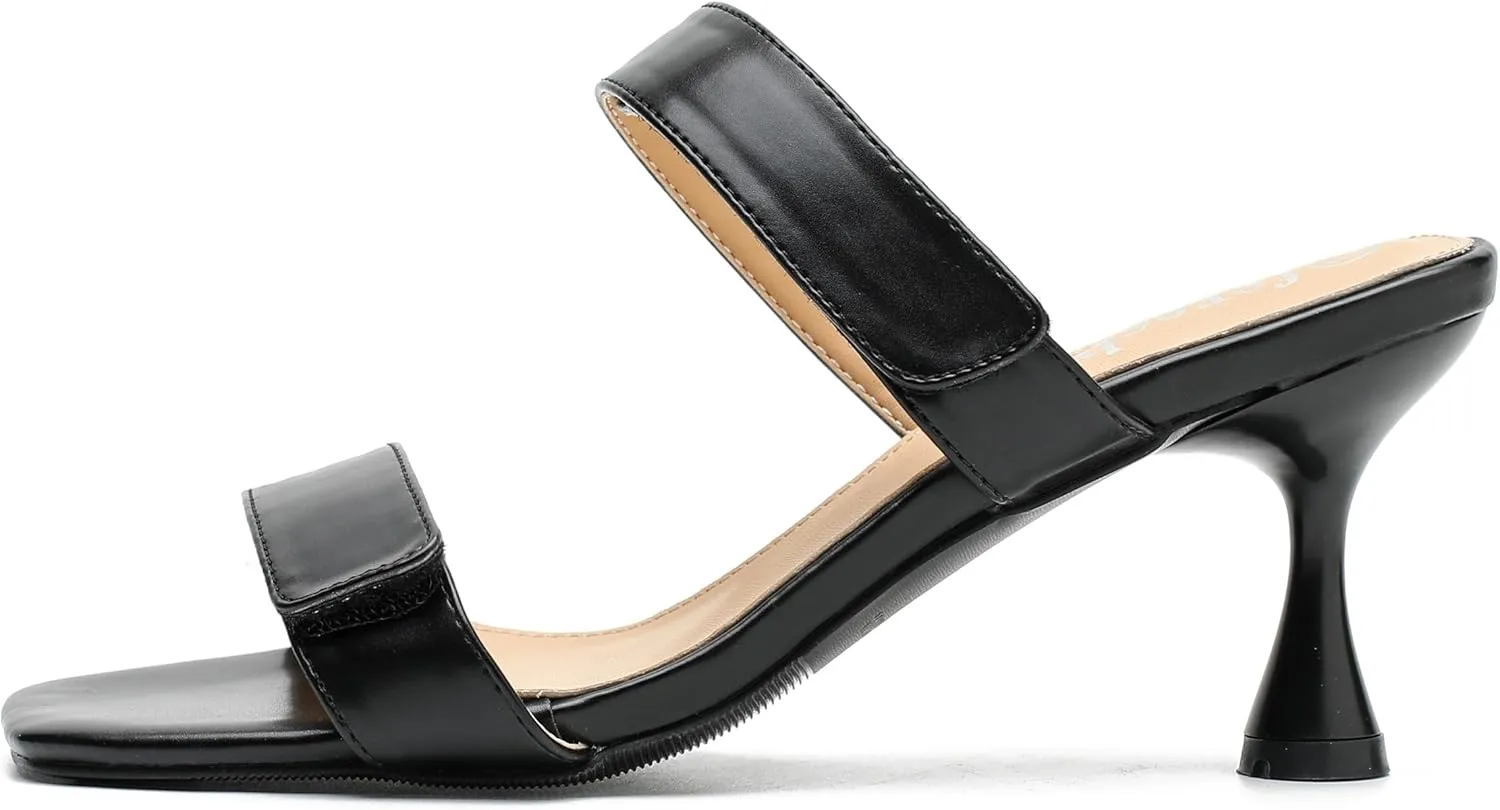 fereshte Womens 2 Strap Slip On Heeled Sandals Slip On Sandals Square Toe Kitten Heeled Mules