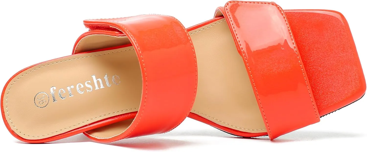 fereshte Womens 2 Strap Slip On Heeled Sandals Slip On Sandals Square Toe Kitten Heeled Mules